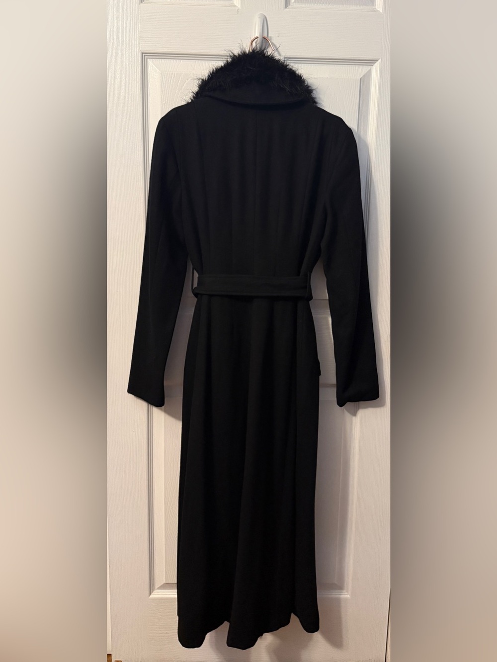 Bebe Long Wool Blend Black Coat with Faux Fur Collar - Picture 4 of 10